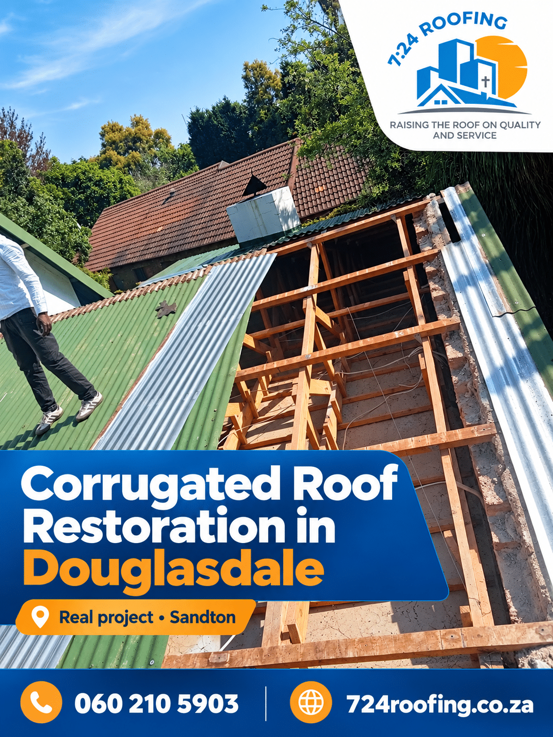 Corrugated roof restoration in Douglasdale, exposed timber purlins and replacement sheets, by 7:24 Roofing